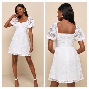 Lulus Sweetest Effect White Floral Burnout Puff Sleeve
Mini Dress, New with Tags